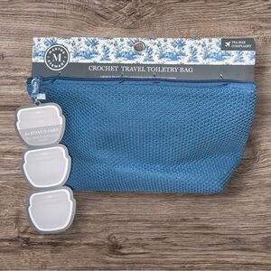 Martha Stewart Crochet Travel Toiletry Bag TSA Size w/ 3 Bonus Jars Blue